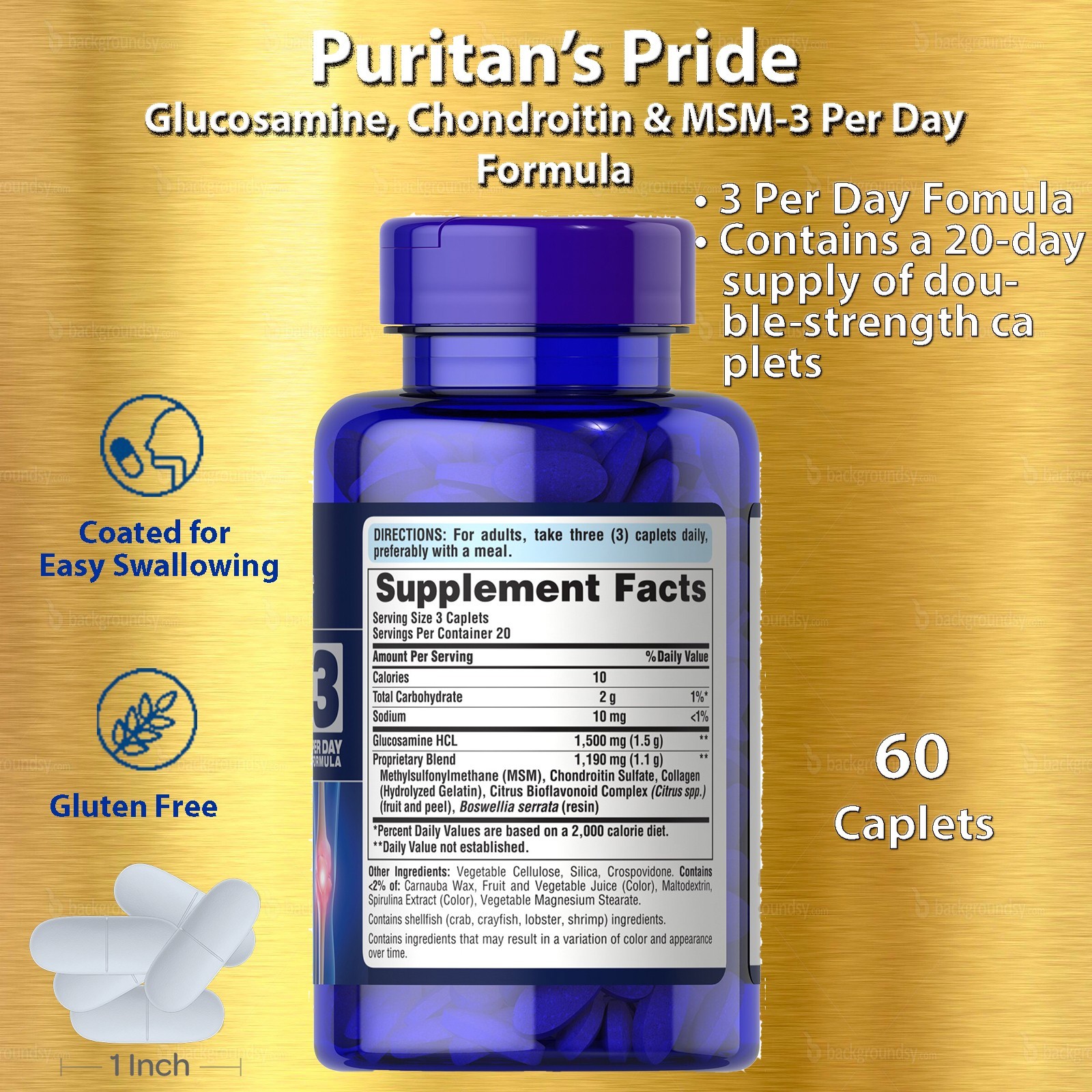 Puritan’s Pride, Glucosamine, Chondroitin & MSM, 3 Per Day Formula, 60 Caplets