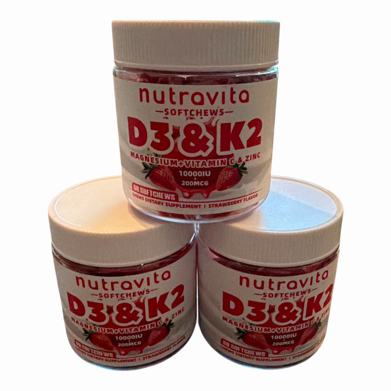3 Pack -Nutravita Sugar-Free Vitamin D3 K2 Chews 180 Count-Strawberry – Exp 3/27
