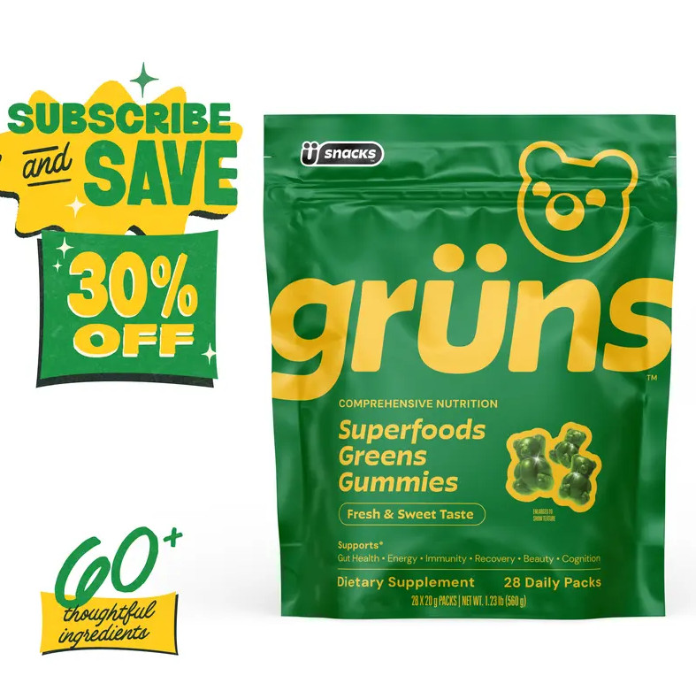 Gruns Adults Super Greens Gummies, Multivitamin Superfood Gummy Bears 28 Packs