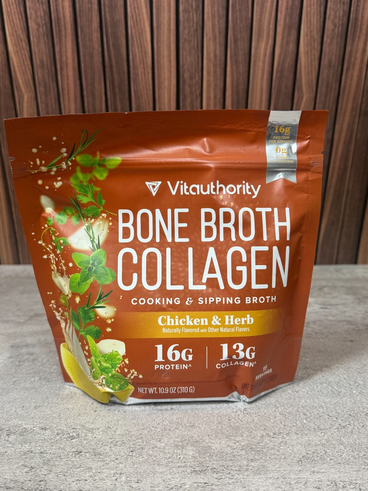 Vitauthority Bone Broth Collagen Chicken & Herb 10.9oz 16g Protein 15 Servings N