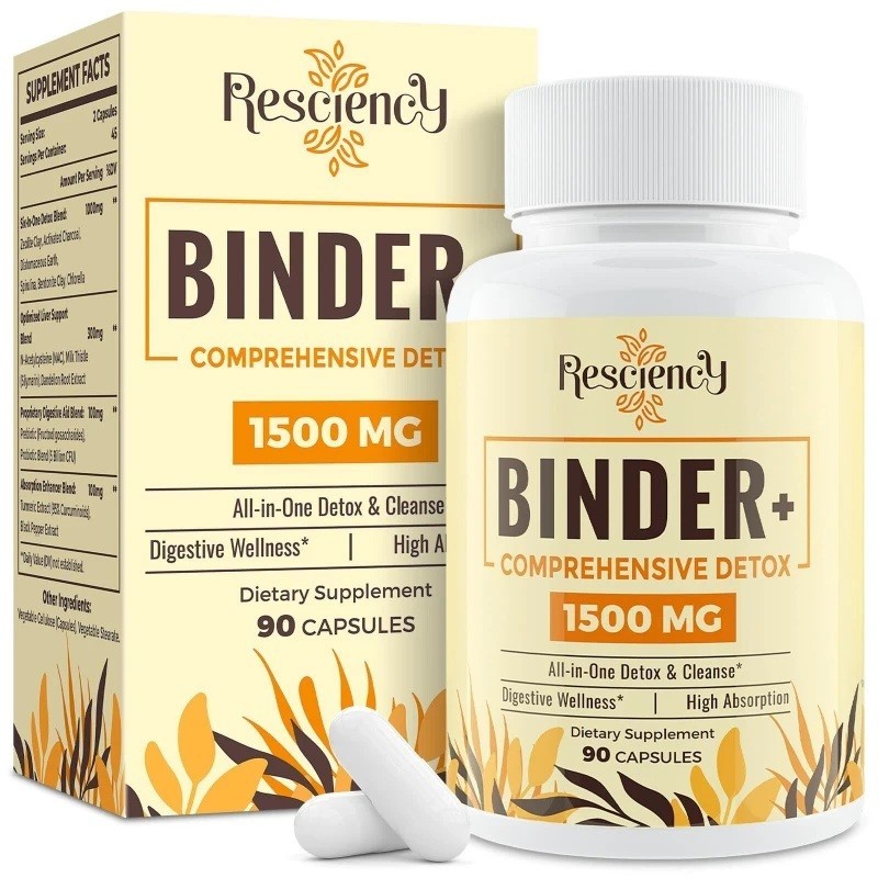 Resciency Binder+ Detox 1500mg Charcoal, Zeolite, Bentonite, 90 Vegan Capsules