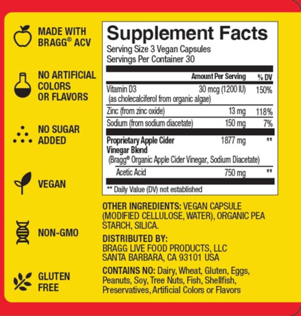 3Bottle Bragg Apple Cider Vinegar Immune & Weight Management Support 90 Capsules