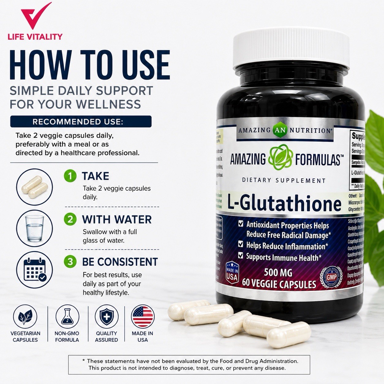 L-Glutathione 500mg 120 Veggie Capsules Total 2 Pack Antioxidant Immune Support