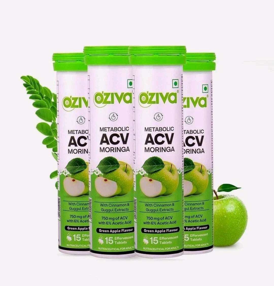 OZiva ACV Moringa 15 Effervescent Tablets -Green Apple , Pack of 4 (60 Tablets)