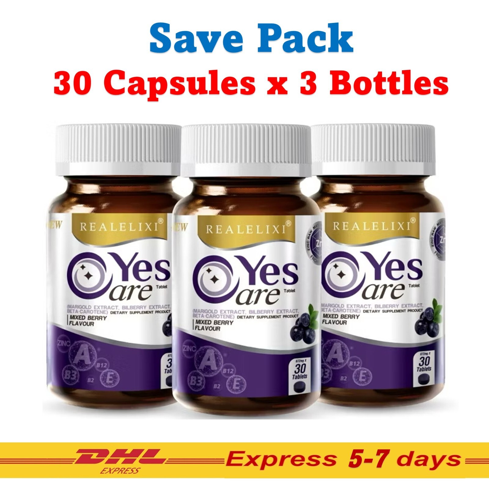 3x Real Elixir Yes Care Eye Care Nourish Dietary Supplement Mariglod Lutein