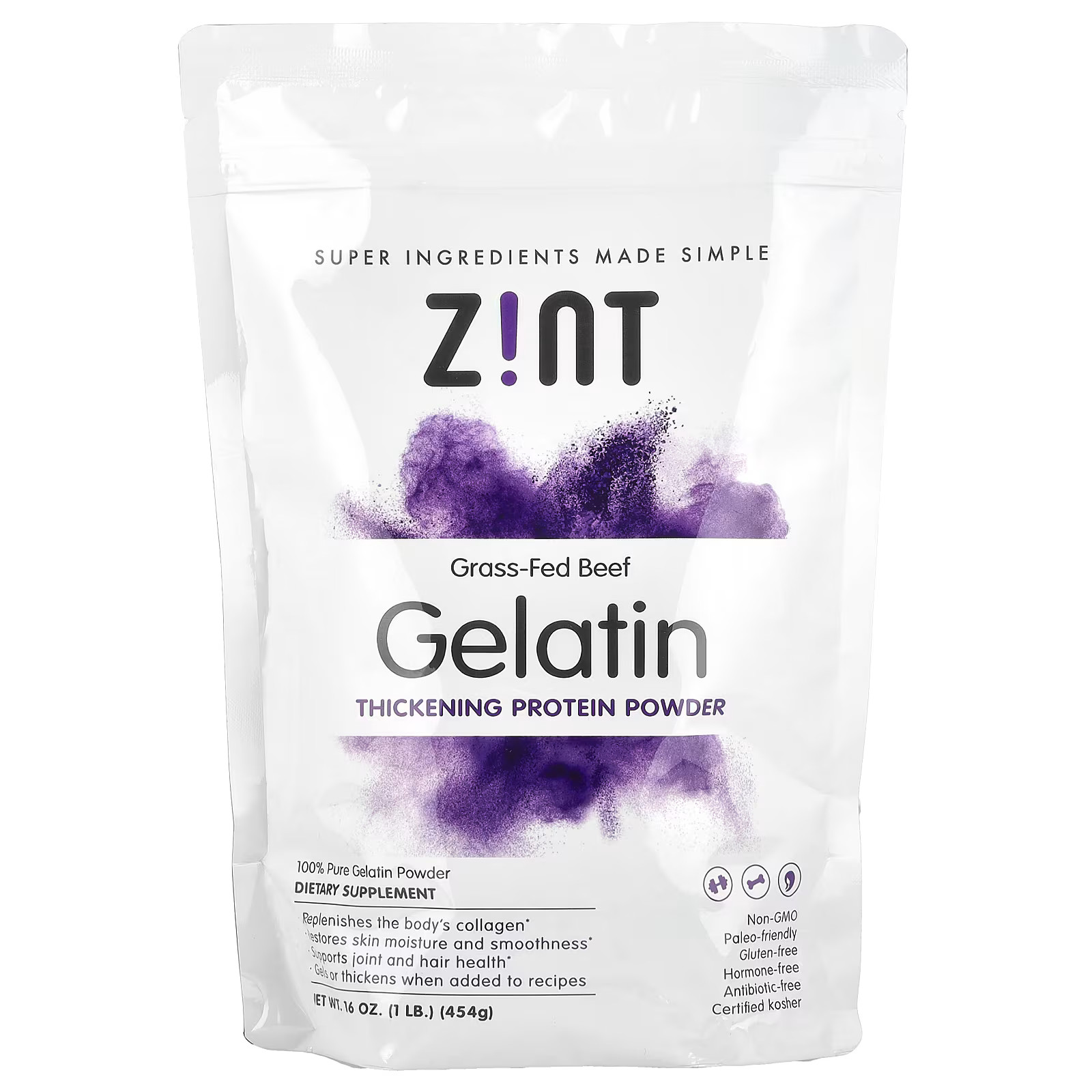 2 X Zint, Gelatin Thickening Protein Powder, Grass-Fed Beef, 16 oz (4-worldwide