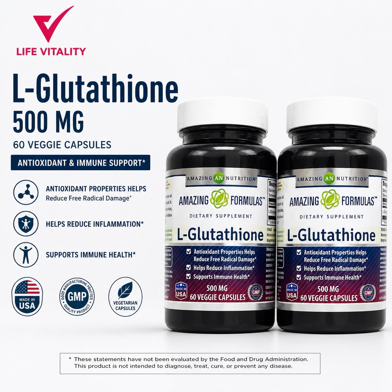 L-Glutathione 500mg 120 Veggie Capsules Total 2 Pack Antioxidant Immune Support