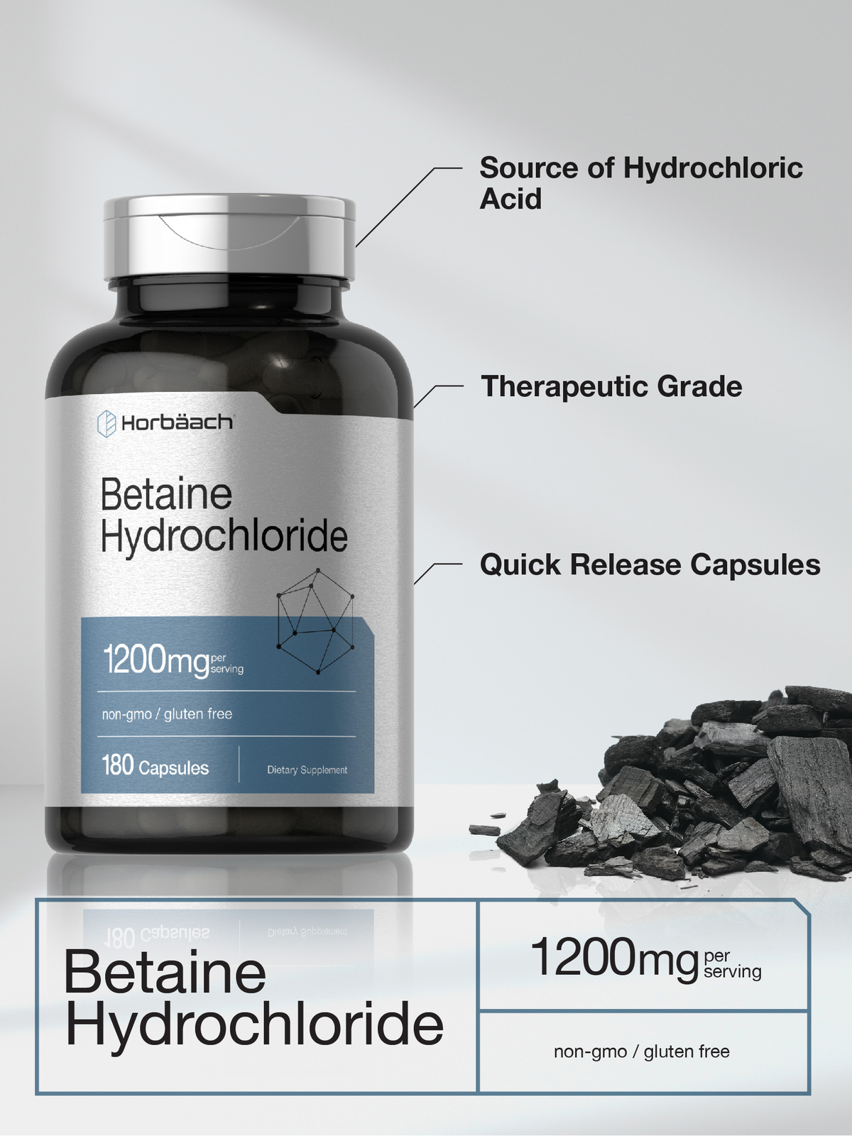 Betaine HCl | 1200mg | 180 Capsules | Betaine Hydrochloride | by Horbaach