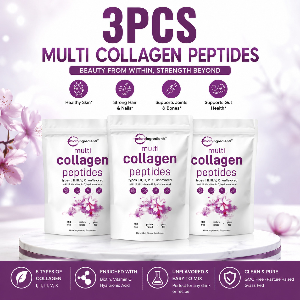 Multi Collagen Peptides Powder 5 Types | Hyaluronic Acid, Biotin & Vitamin C
