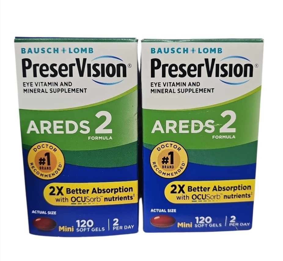 2 Pack Bausch + Lomb PreserVision AREDS 2 Eye Vitamins 120 Mini Softgels BB 9/26