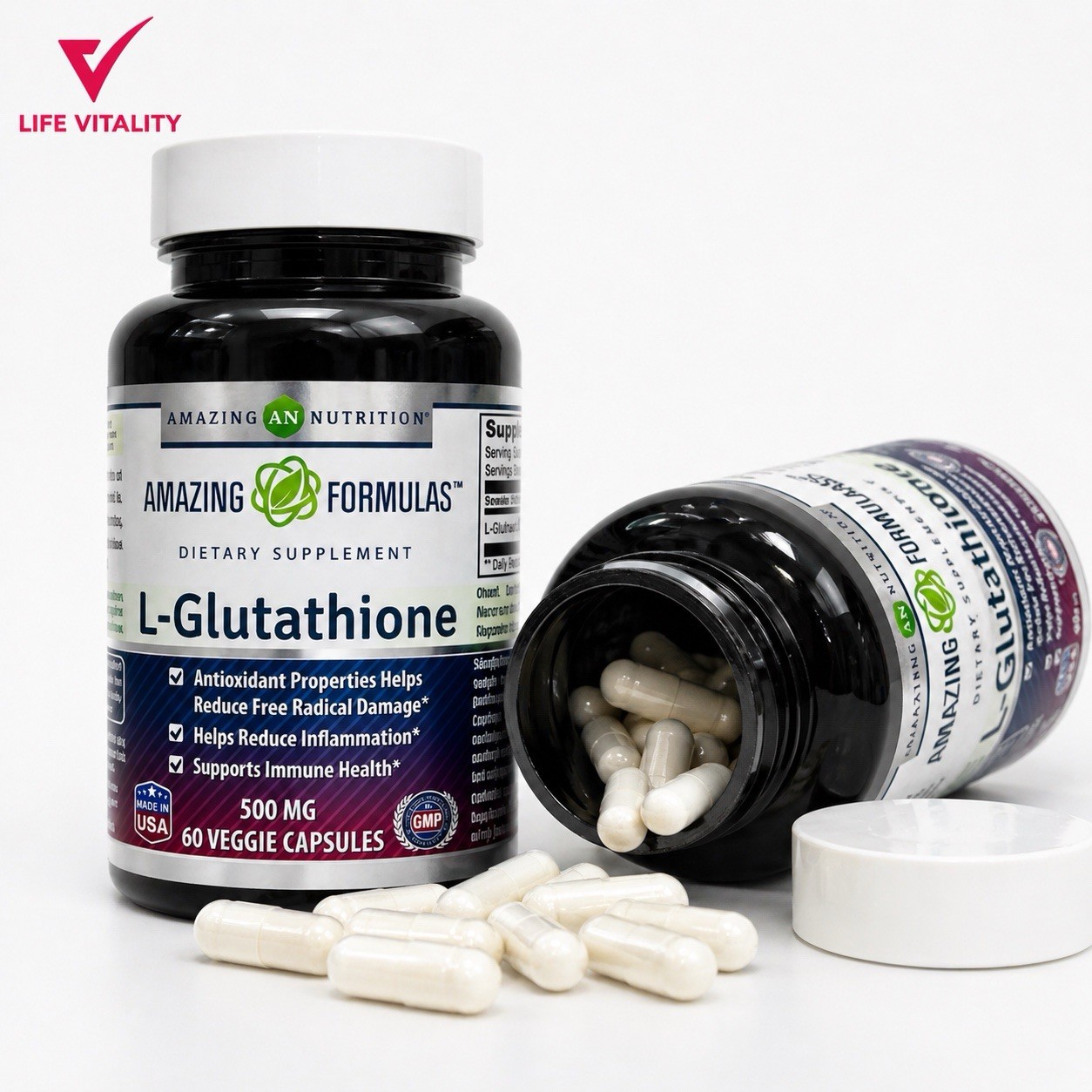 L-Glutathione 500mg 120 Veggie Capsules Total 2 Pack Antioxidant Immune Support