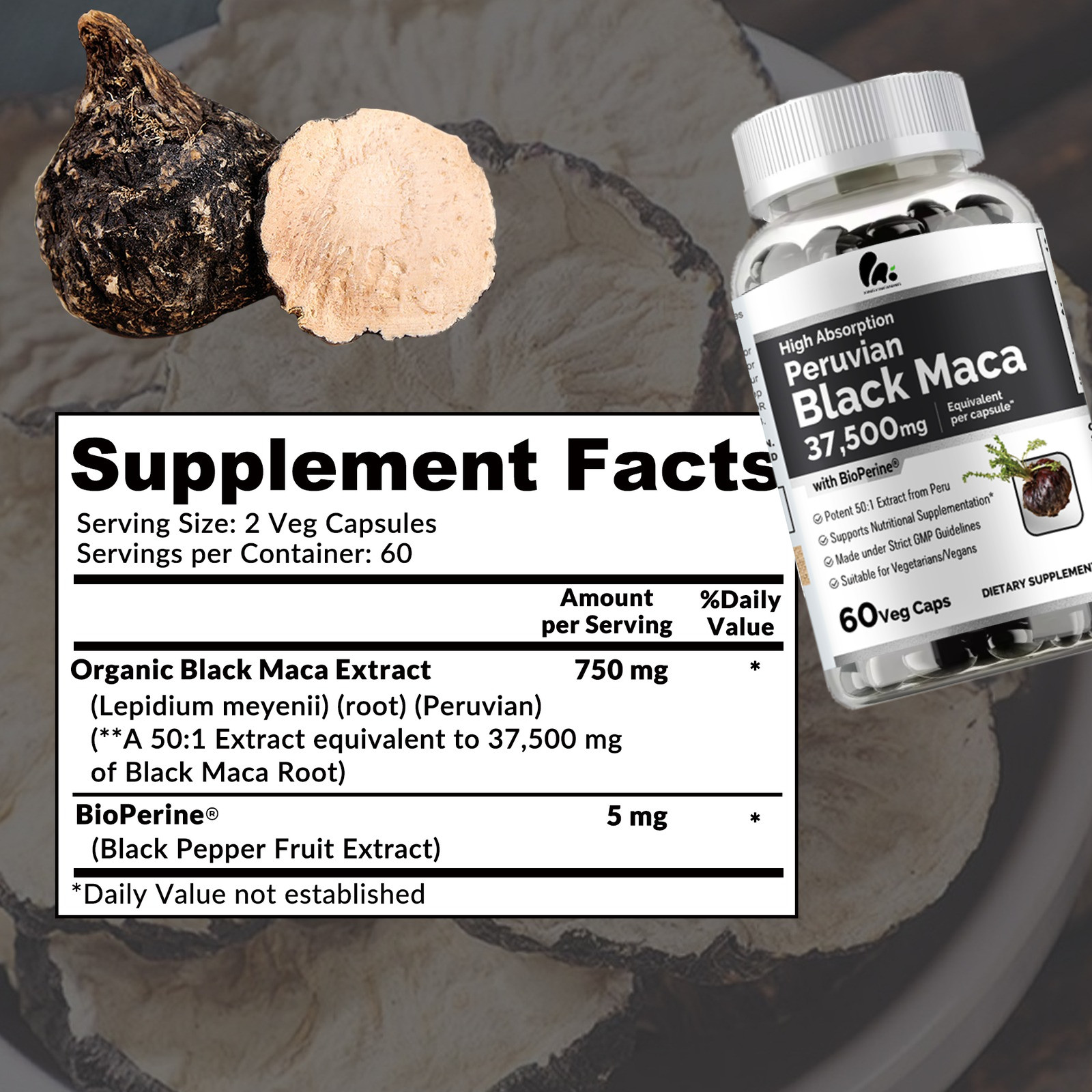 Peruvian Black Maca 37500mg – Natural Energy Booster, Testosterone Support NEW