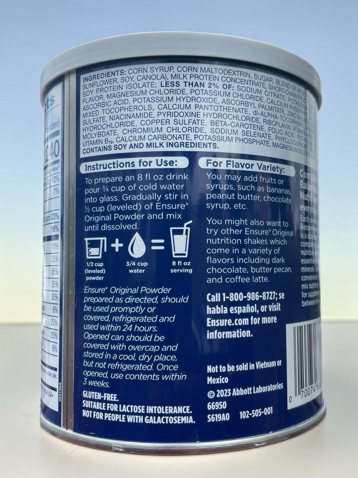 6 Ensure Vanilla flavored Original Nutrition Powder Cans 08/26 Abbott Nutrition