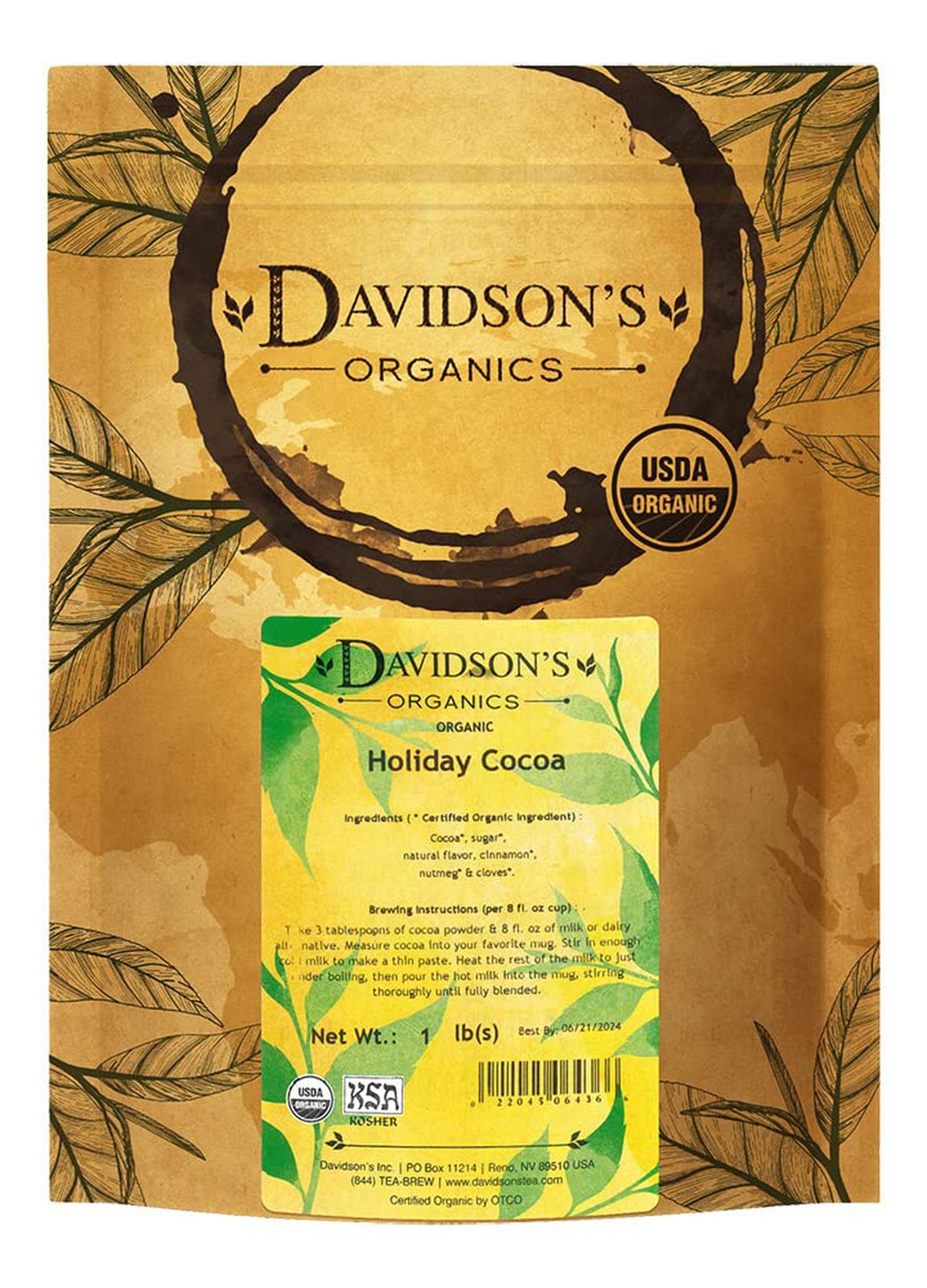 Davidson’s Organics, Holiday Cocoa, Loose Leaf Cacao, 16-Ounce Bag