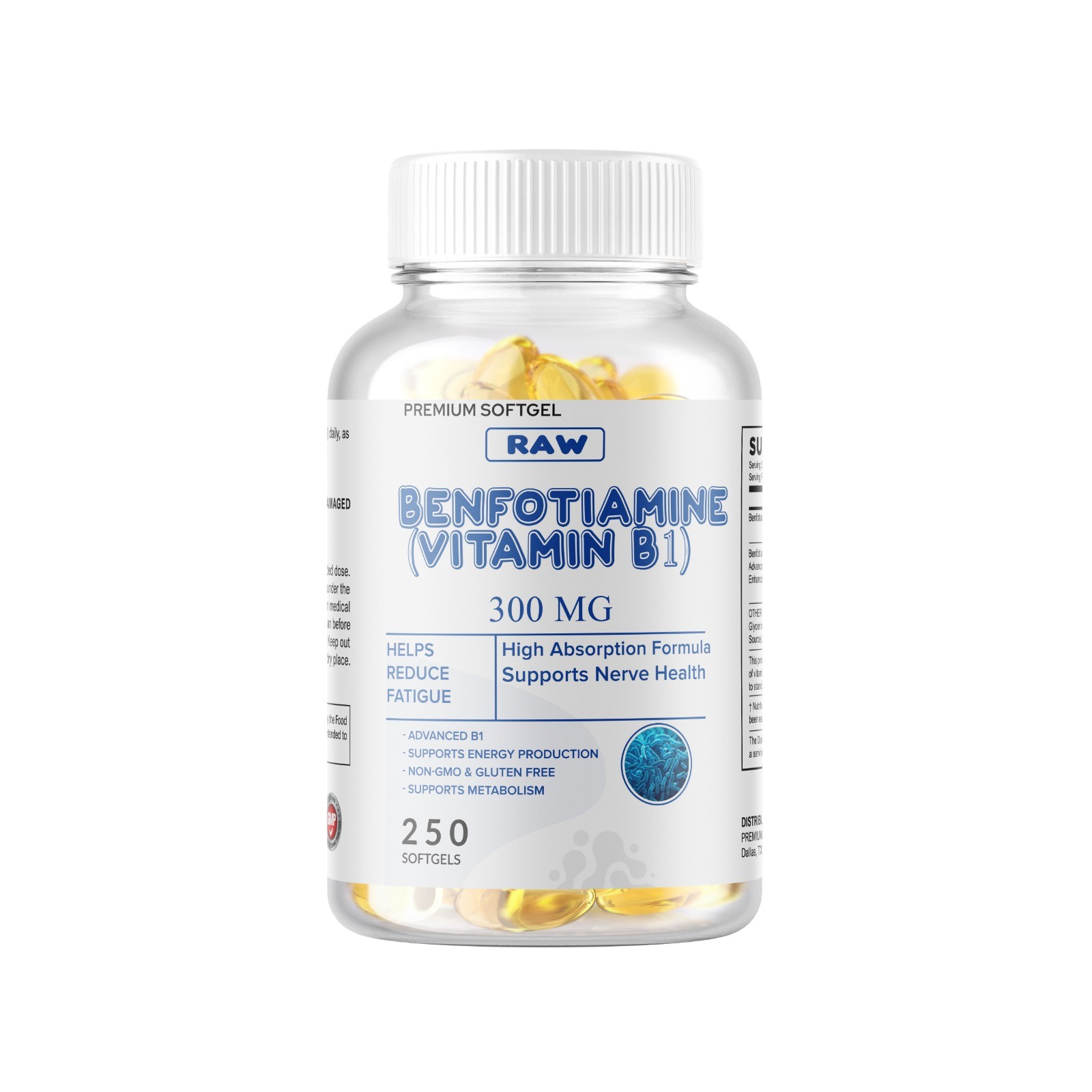 Benfotiamine 300mg 250 Softgels Gluten Free and Non-GMO Vitamin B1