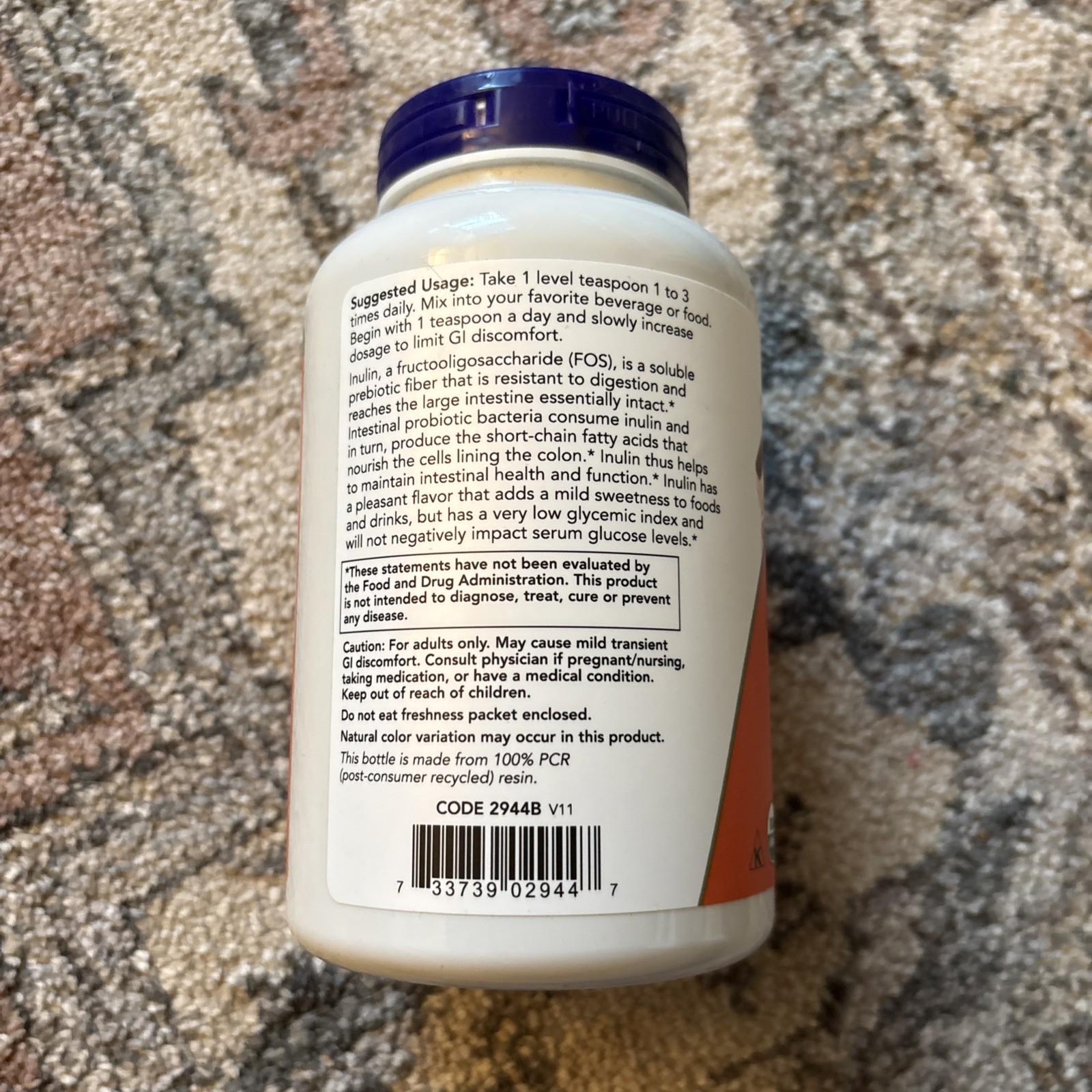 NOW FOODS Inulin Prebiotic Pure Powder Organic 8 oz Exp 01/29