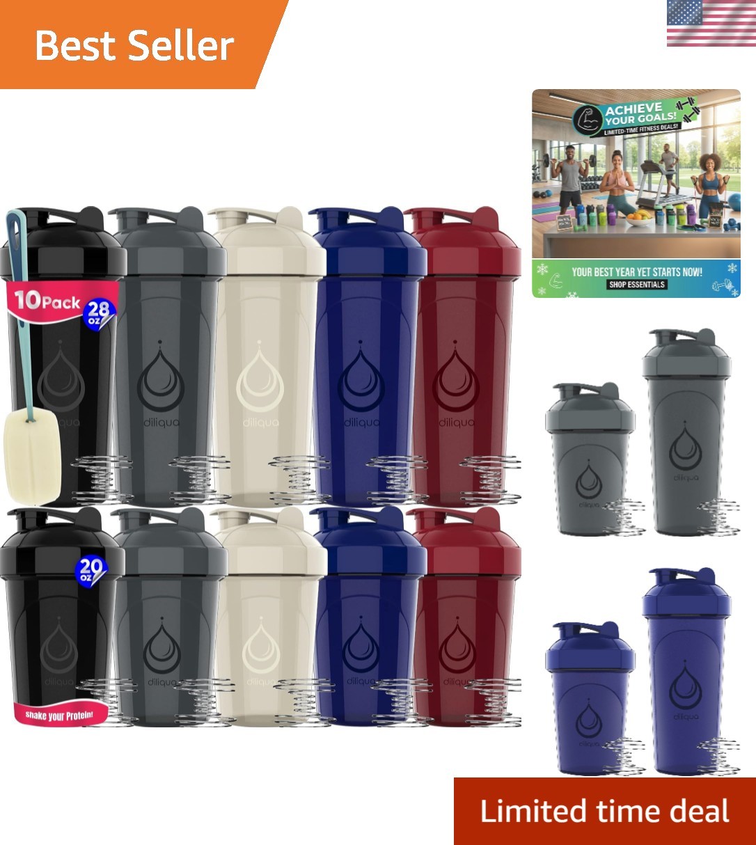 10-Pack BPA-Free Shaker Bottles: 5 Large 28 oz & 5 Small 20 oz for Smooth Drinks