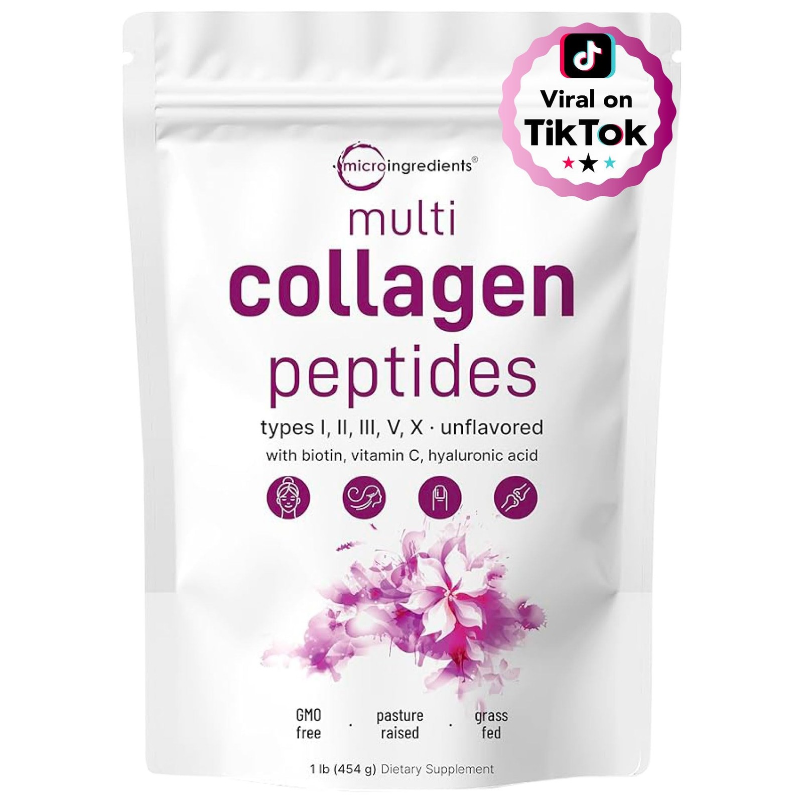 Multi Collagen Peptides , 1lb – Hydrolyzed I,II,III,V,X with Biotin, Hyaluron…
