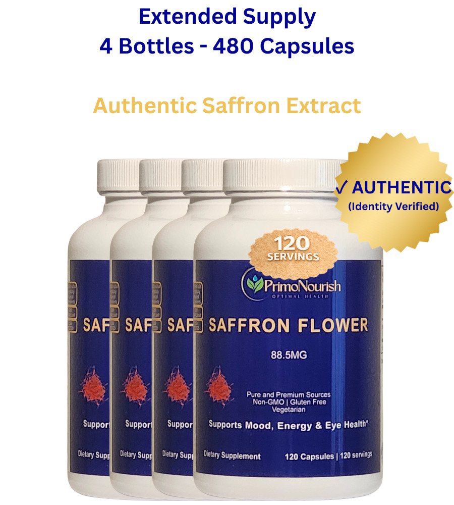 4 Bottles Authentic Saffron Extract for Mood & Focus – Large Size (480 Capsules)
