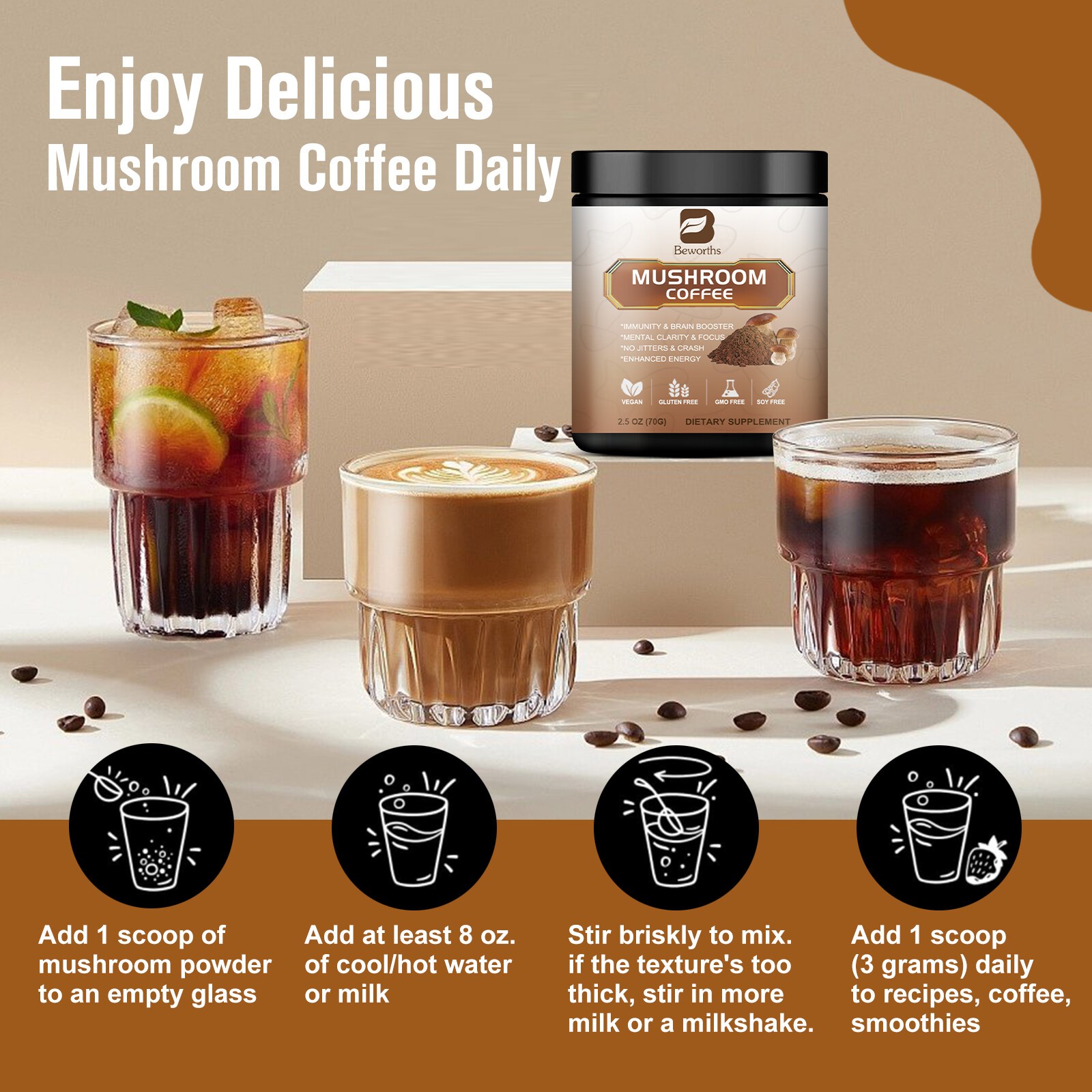 3x Mushroom Coffee Powder Lions Mane Reishi Immunity & Brain Booster 70g