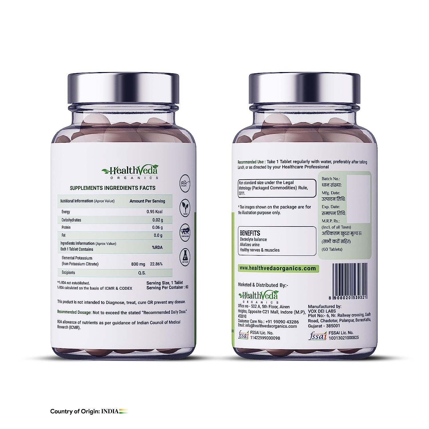 Health Veda Organics Potassium Citrate 800mg (60 Veg Tablets) 100% Herbal