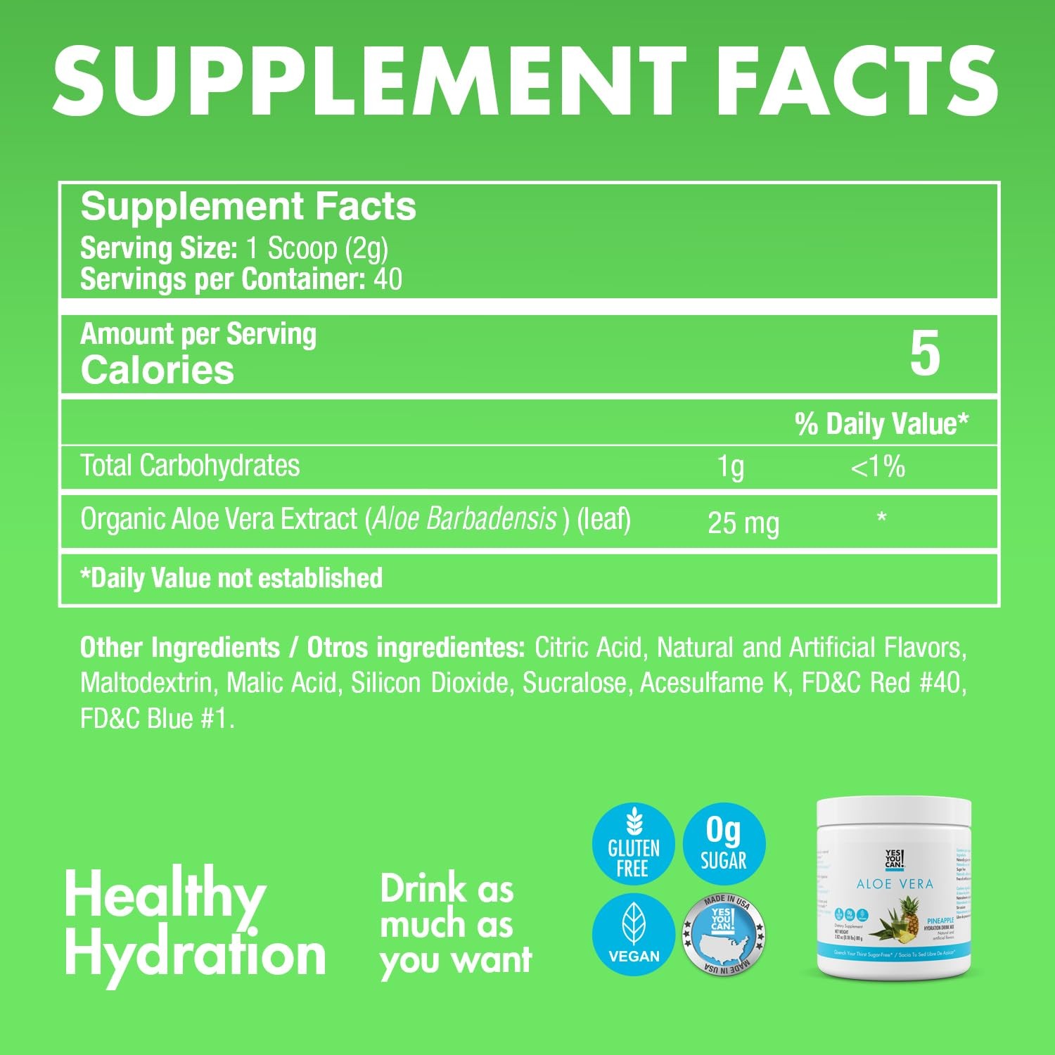 Yes You Can! Aloe Vera Powder Drink Mix – Hydration Booster Infused with Pure…