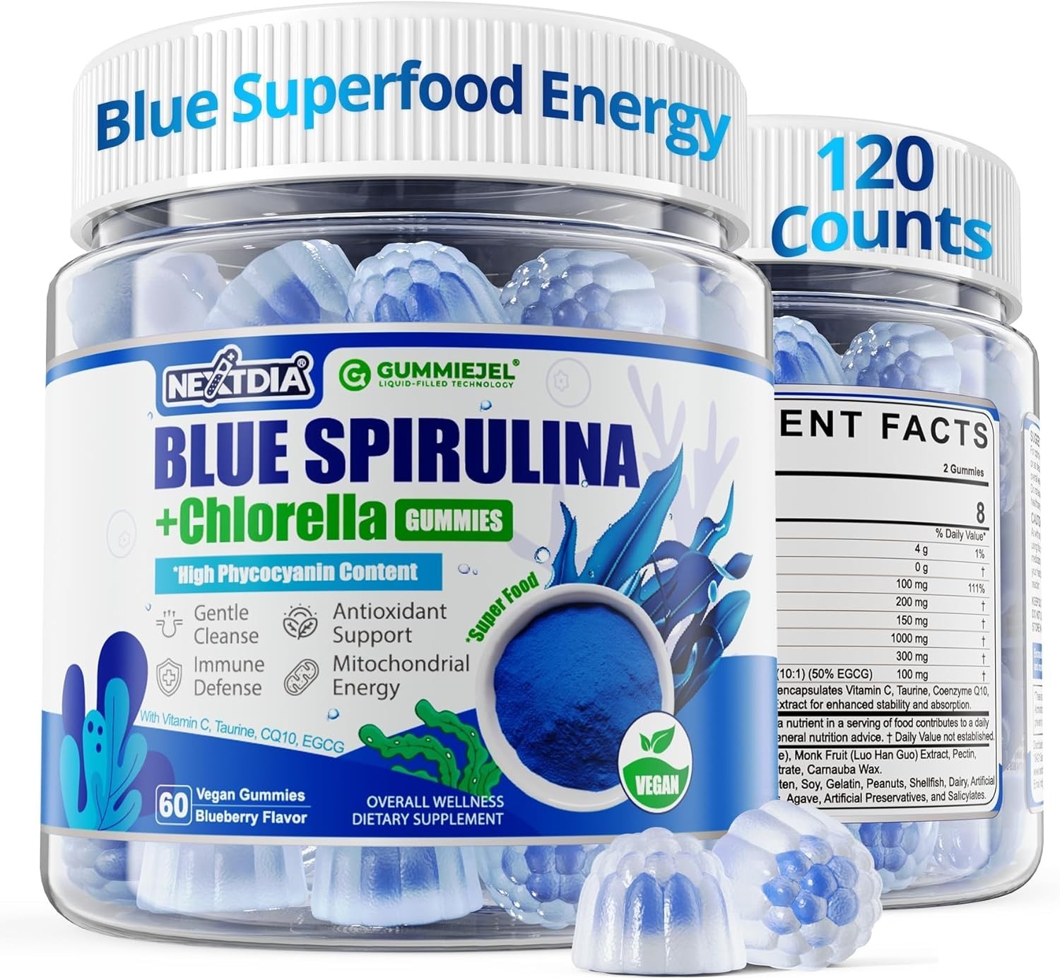 Nextdia Organic Blue Spirulina Gummies Sugar Free Superfood 120 Count Vegan