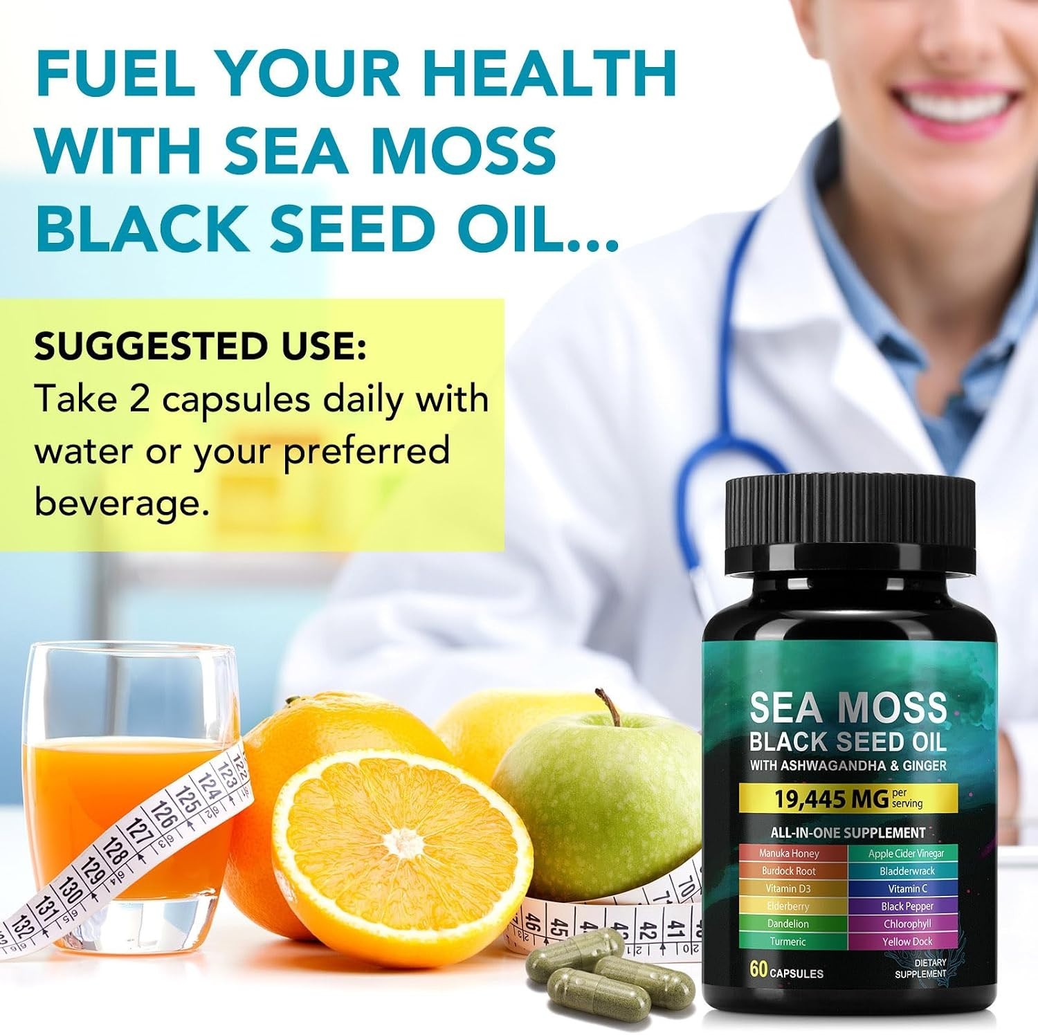 Sea Moss Black Seed Oil Ashwagandha Ginger Capsules Supplement 60 Count