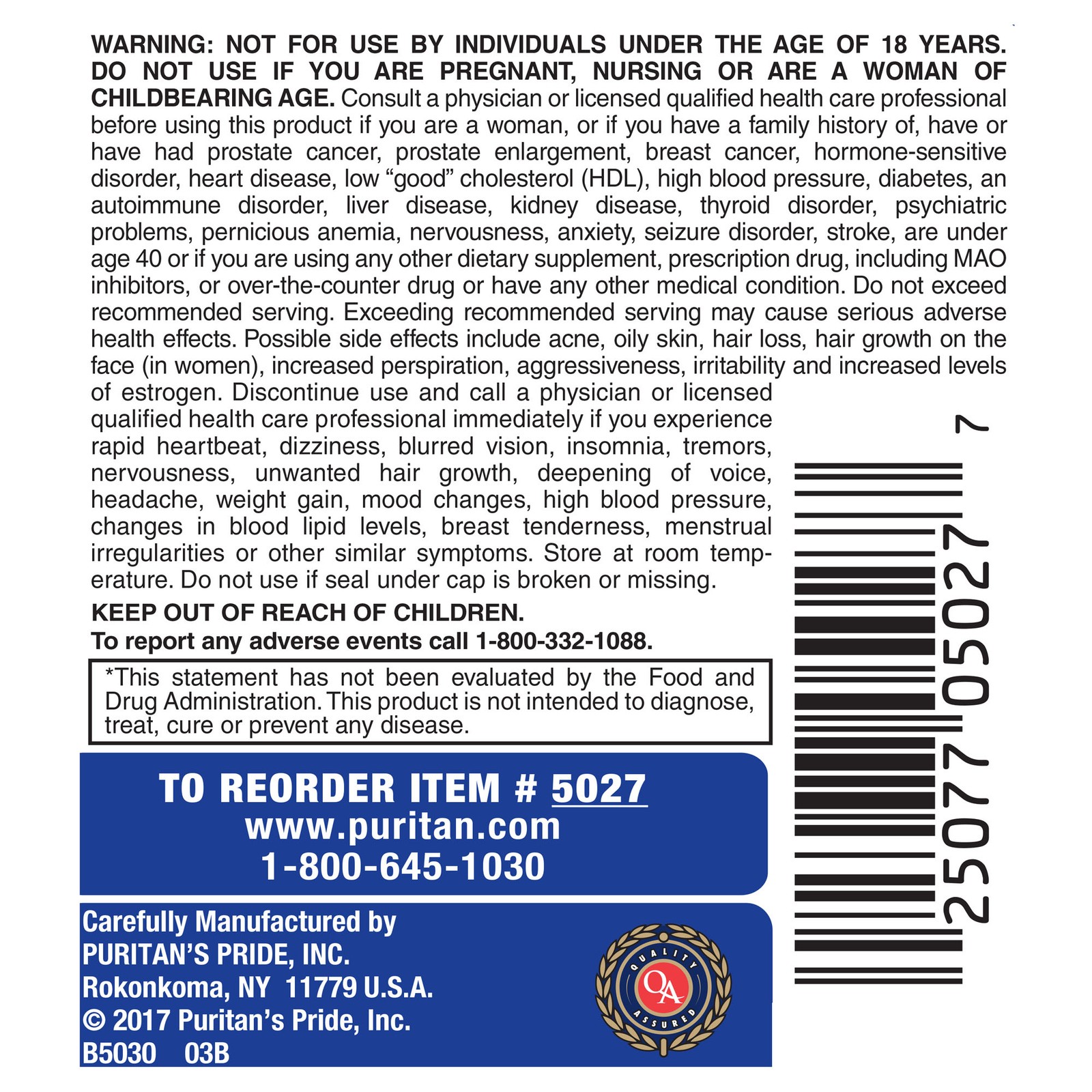 Puritan’s Pride DHEA 50 mg – 100 Tablets