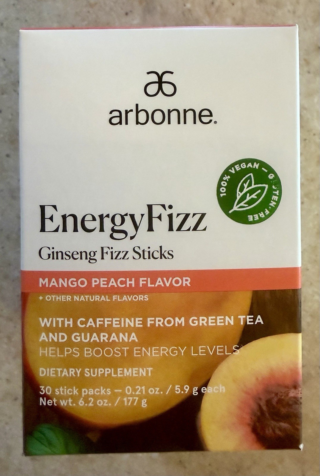 Arbonne Energy Fizz Ginseng Fizz Sticks Mango Peach Flavor, 30 Count, NIB
