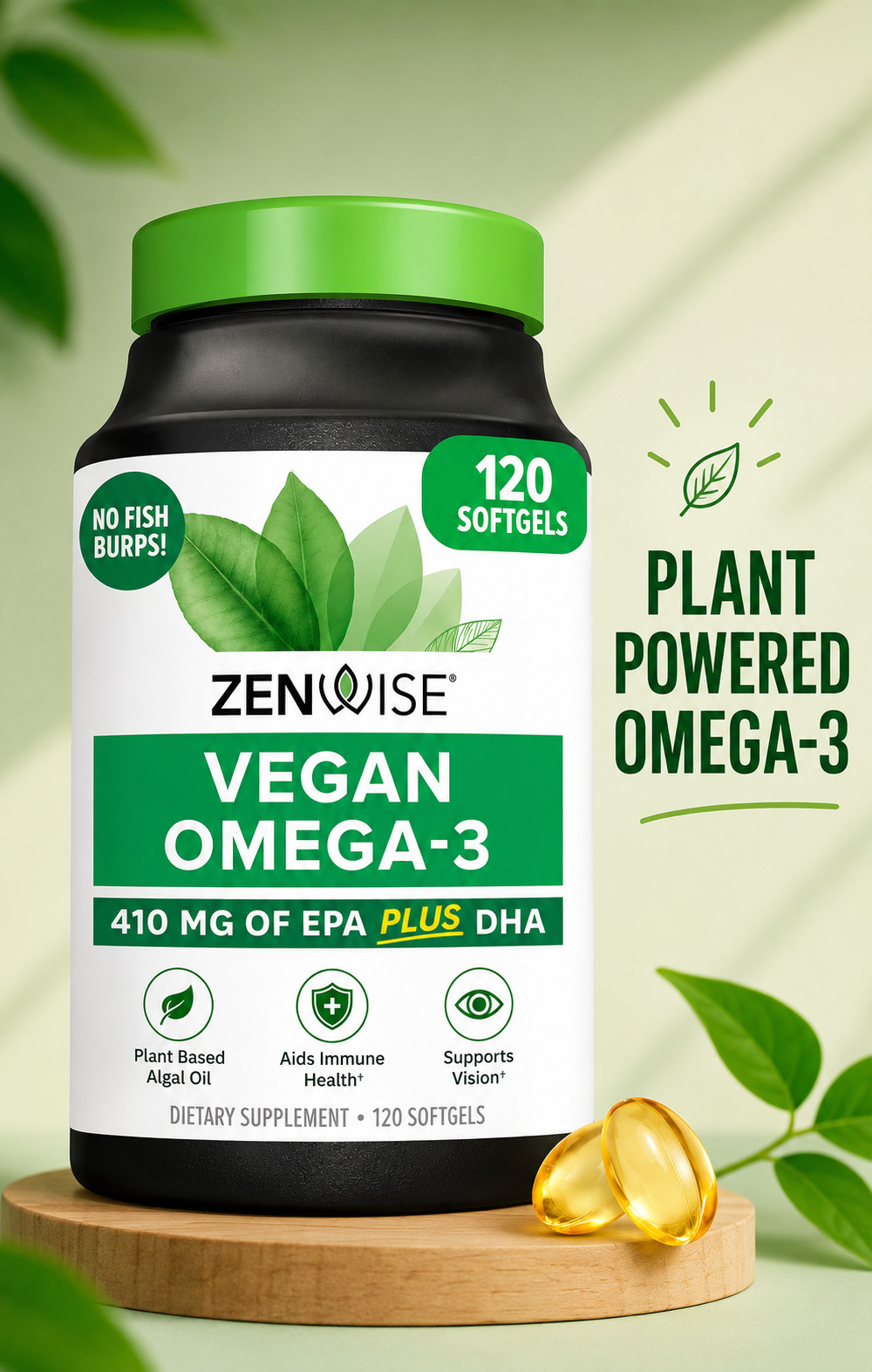 Vegan Omega 3 with DHA, EPA & DPA, Burpless Algae Oil for Immune Health 120Ct