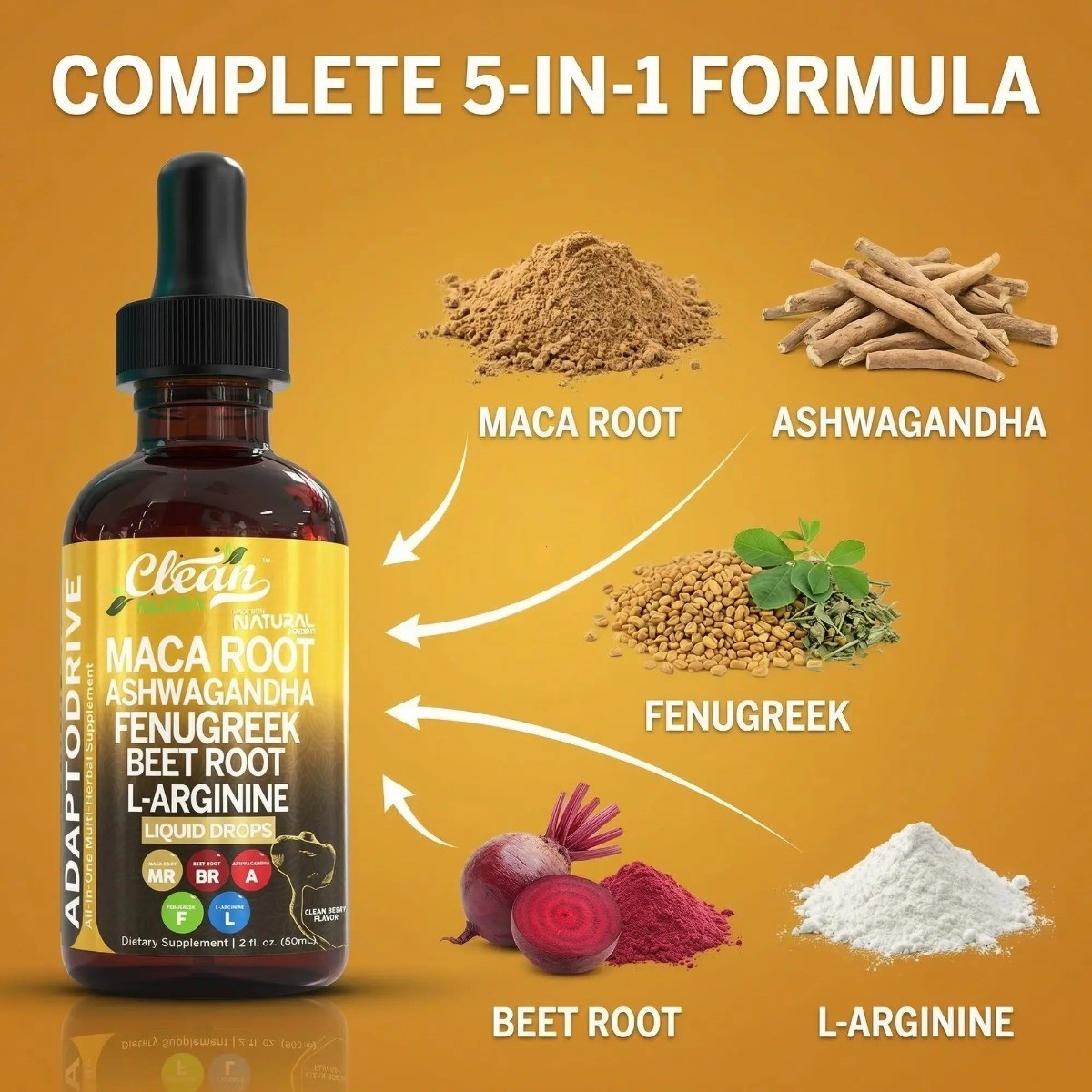 Clean Nutra AdaptoDrive Liquid Drops Maca Ashwagandha Energy Hormone Support 2oz