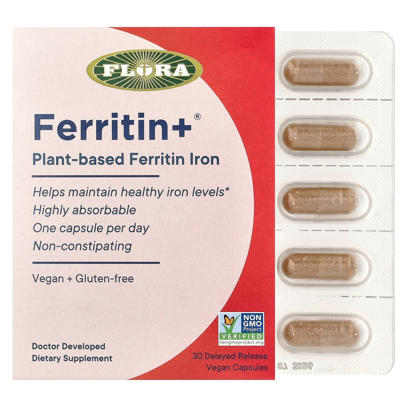 2 X Flora, Ferritin+�, Plant-Based Ferritin Iron, 30 Delayed Release Vegan Caps