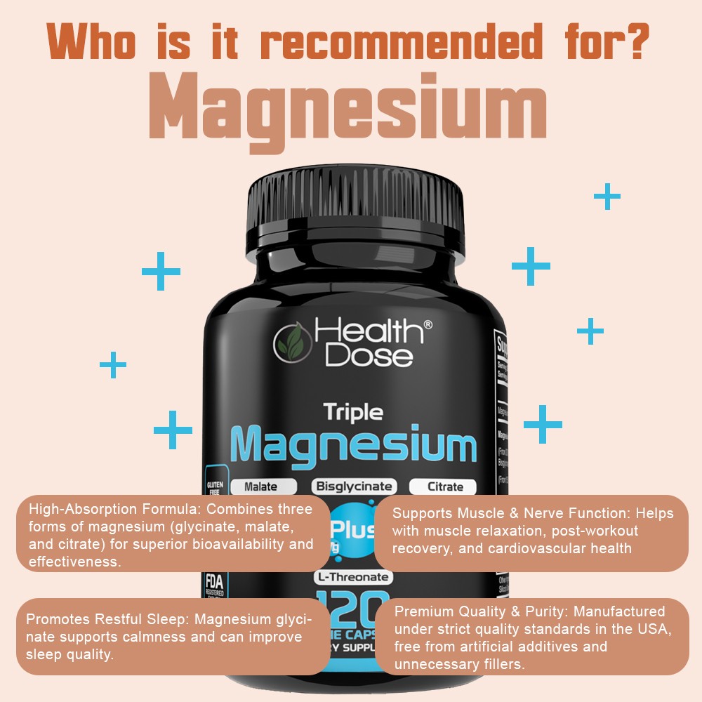 Health Dose Triple Magnesium Complex 120 Veggie Capsules for Energy & Wellness