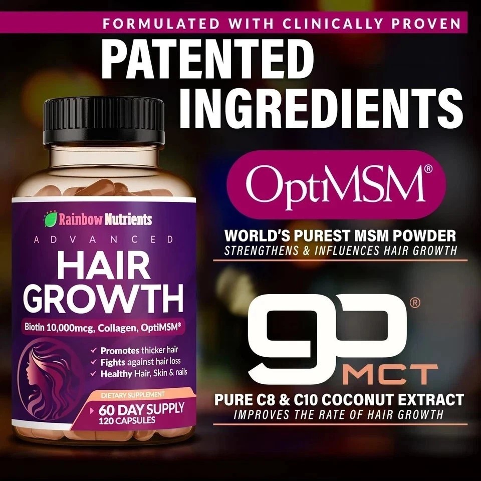 NEW Rainbow Nutrients ADVANCED Hair Growth Vitamins – Biotin 10,000mcg, Collagen