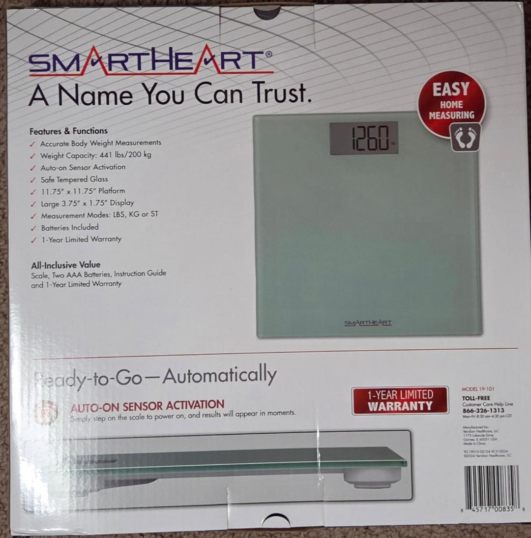Smart Heart Digital Weight Scale Auto Tempered Glass Big Display 441 lbs -200 Kg