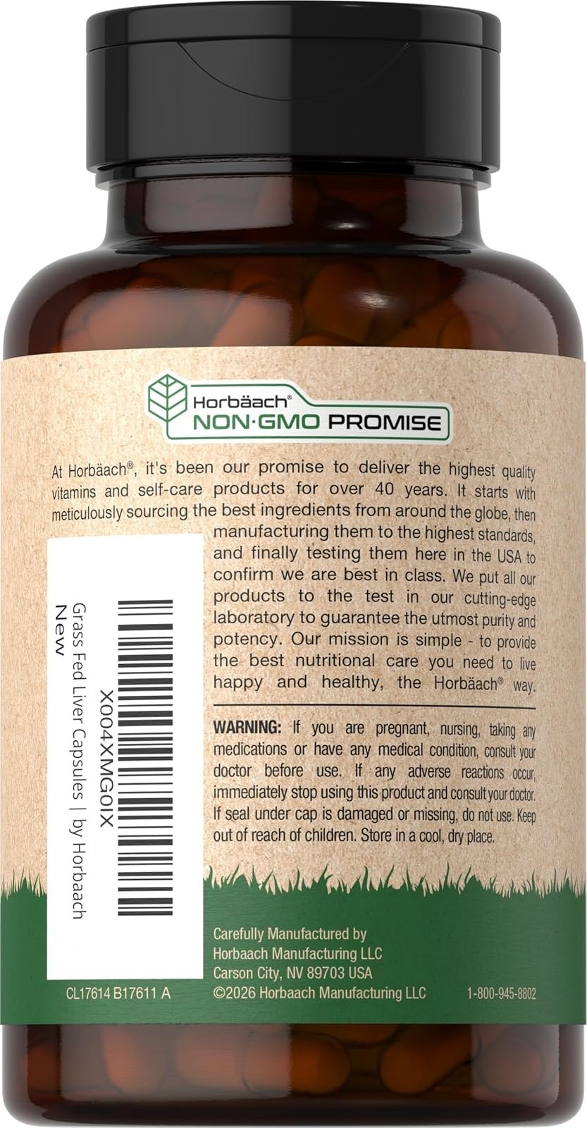 Horbäach Grass Fed Beef Liver 4500mg 60 Capsules Non-GMO Supplement