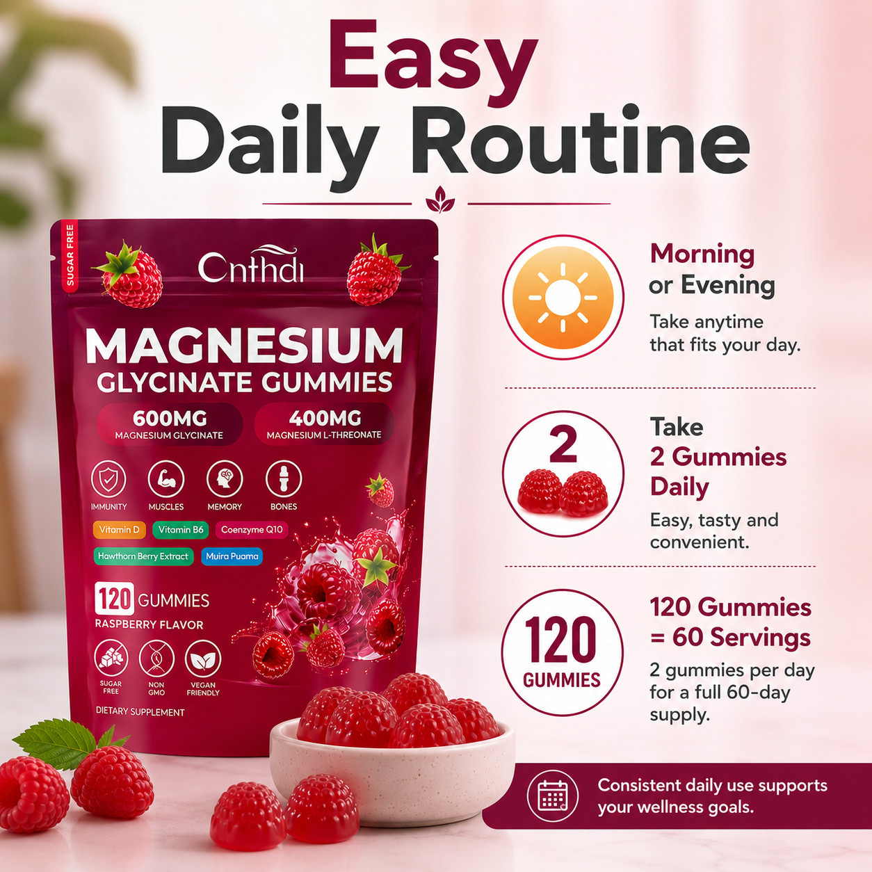Magnesium Glycinate Gummies 600mg + L-Threonate 400mg Sugar Free 120 Count