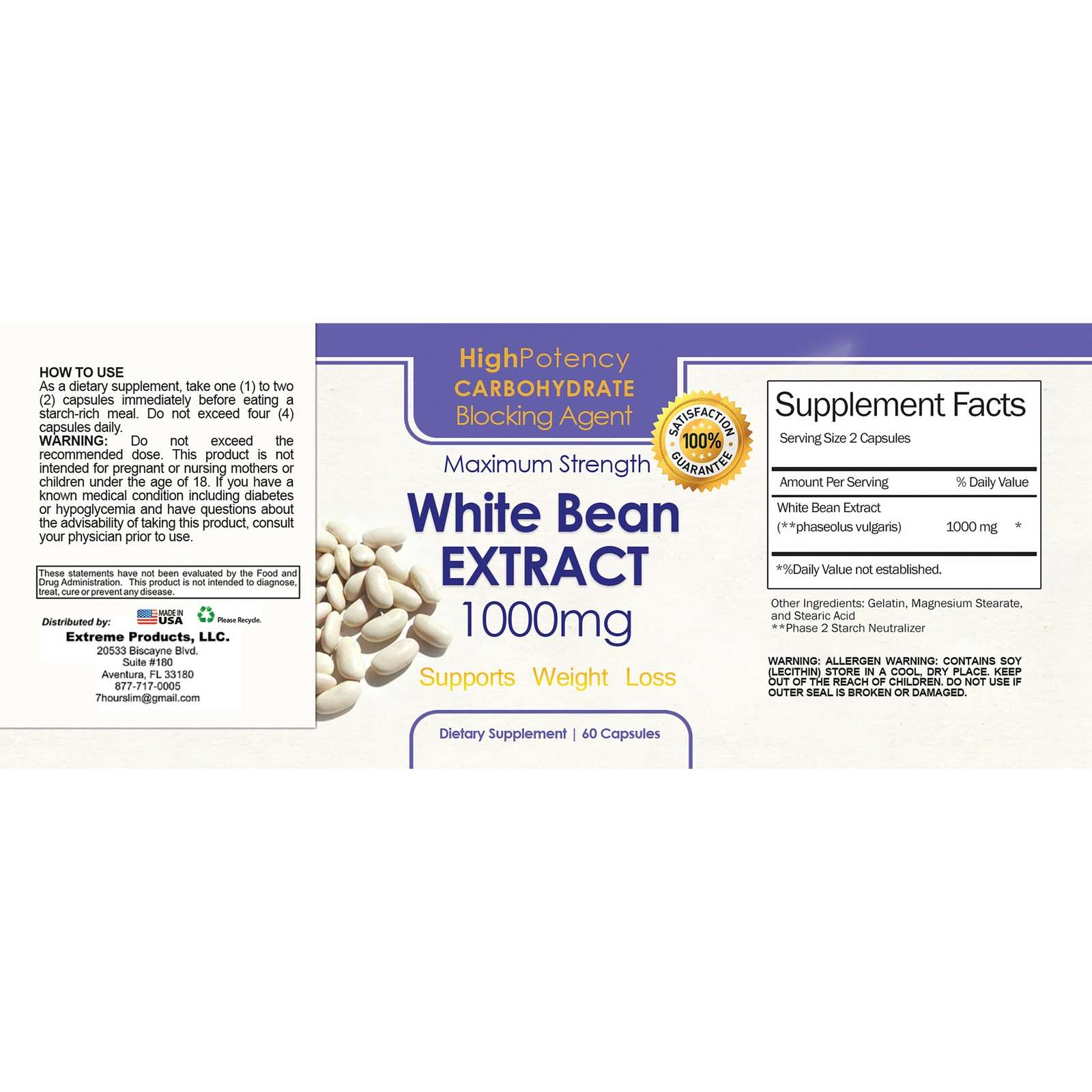 Ultimate 100% White Kidney Bean Extract 1000mg Weight Loss Caps Free Ship