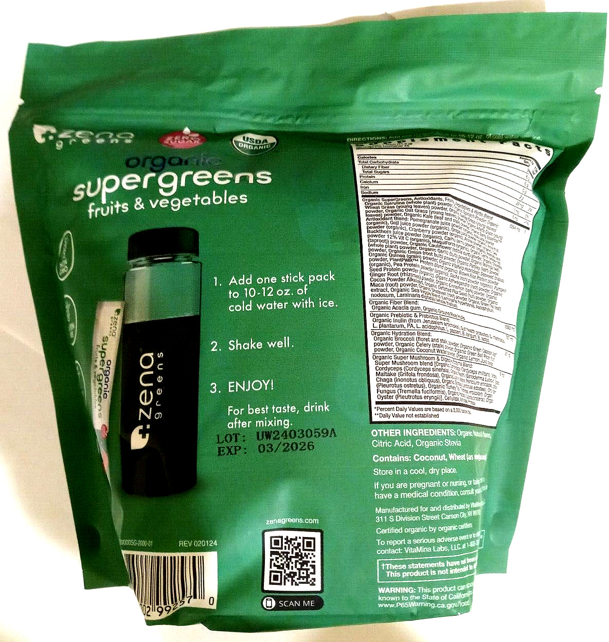Zena Greens Organic Supergreens Fruits & Vegetables Powder 45 Packs EXP 03/2026