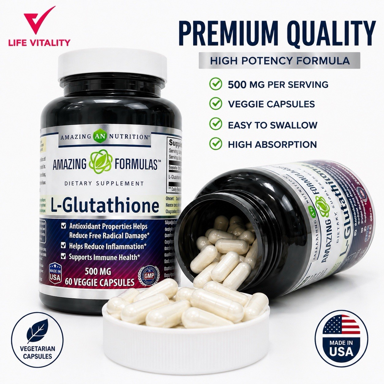 L-Glutathione 500mg 120 Veggie Capsules Total 2 Pack Antioxidant Immune Support