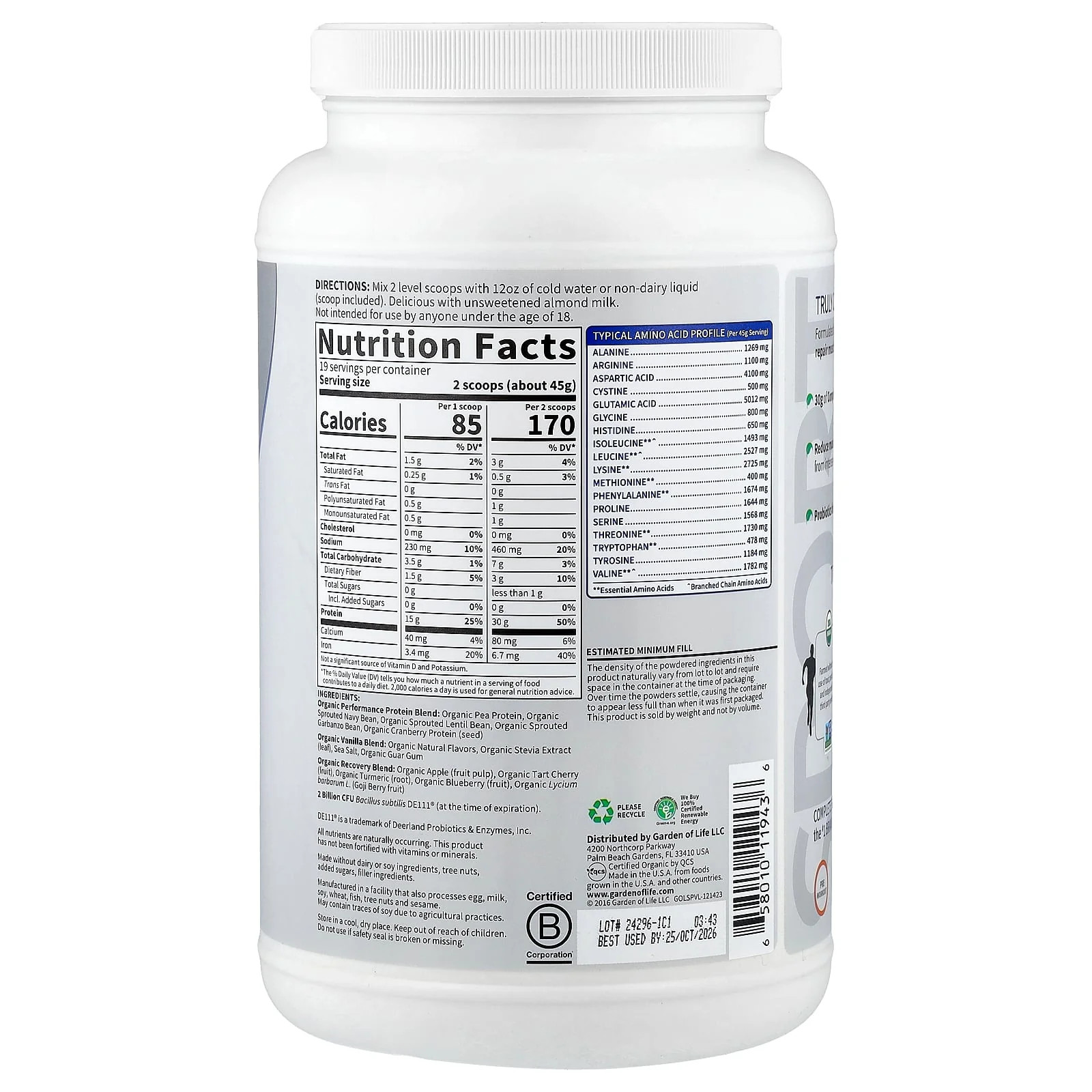 2 X Garden of Life, Sport, Organic Plant-Based Protein, Vanilla, 1 lb 14.16 oz