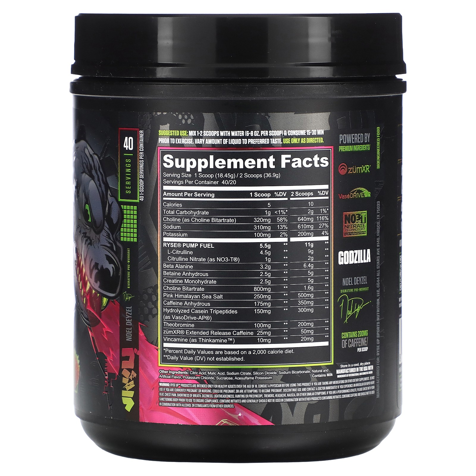 2 X Ryse Supps, Godzilla, Pre-Workout, Strawberry Kiwi, 1.6 lbs (738 g)