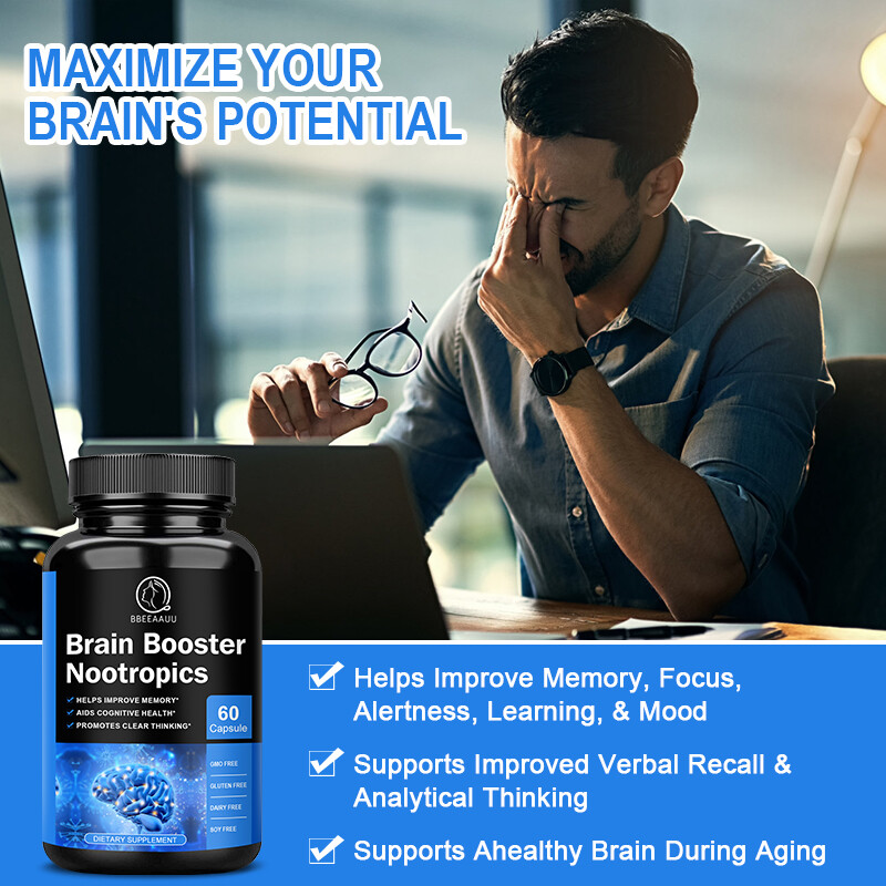 Brain Booster Nootropic Capsules Improve Memory,Focus,Clarity,Mood Support 60Pcs