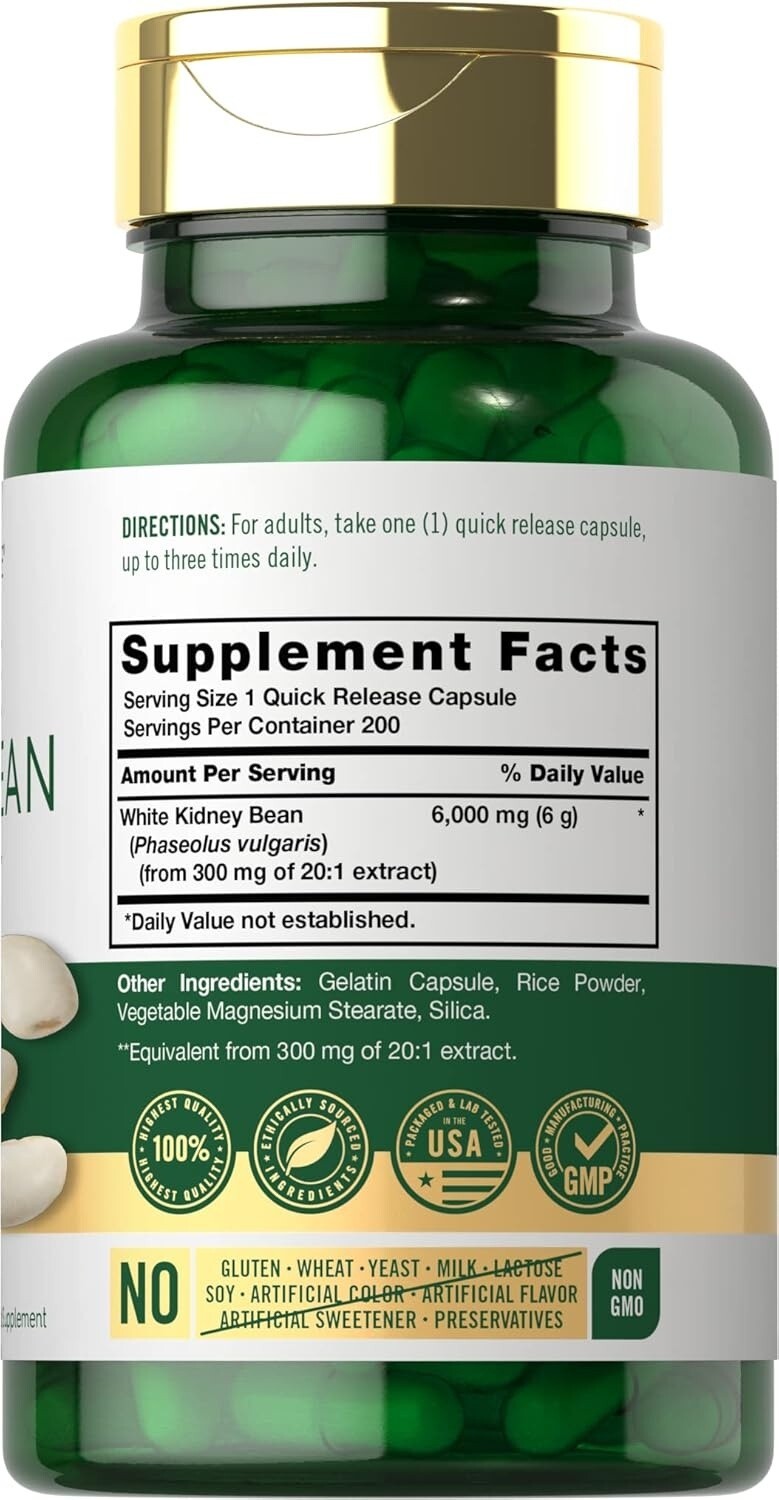 White Kidney Bean Carb Blocker 6000 Mg Potent Extract Starch Reduce, 200 Caps