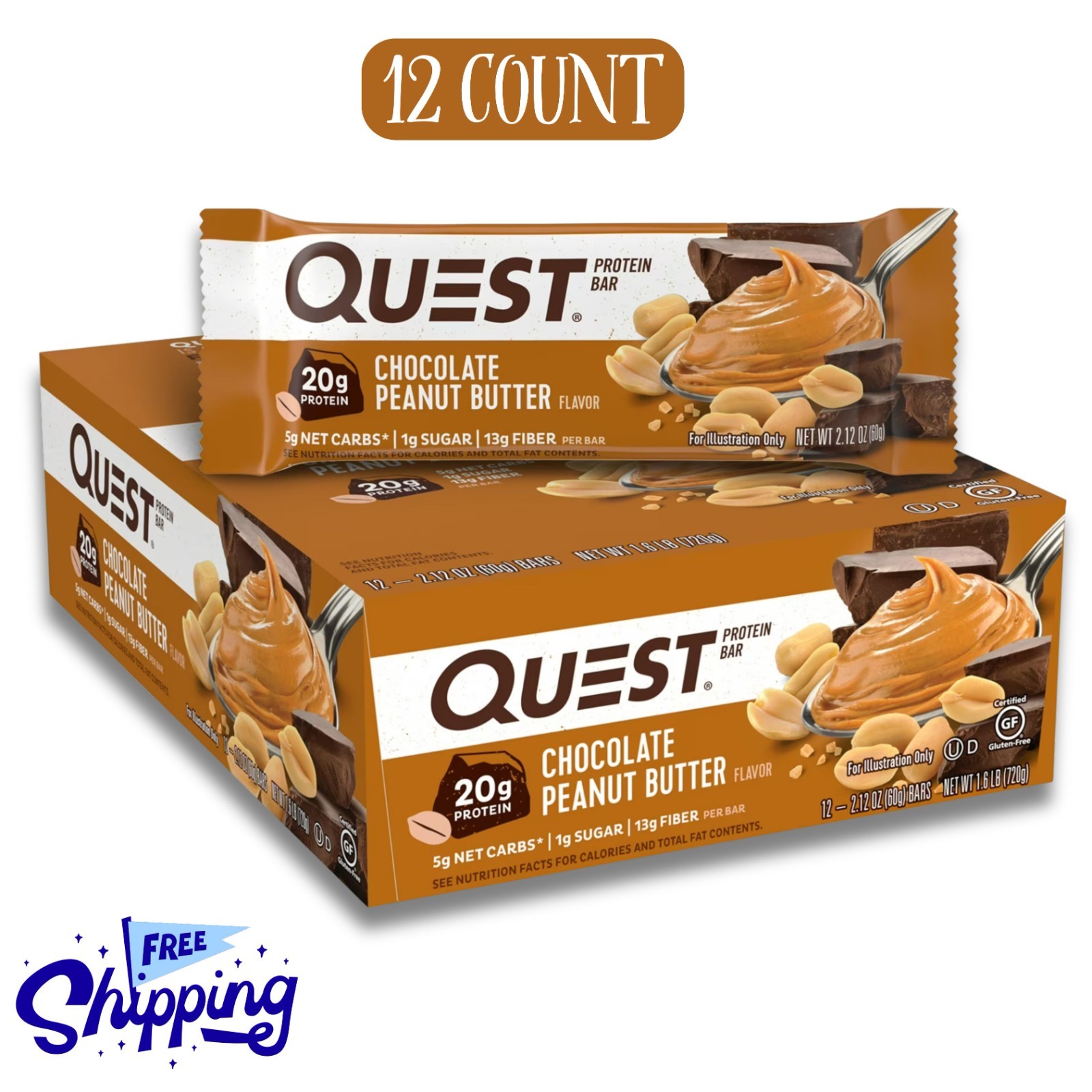 Quest Protein Bar Keto Bars, Chocolate Peanut Butter, 20g Protein, 12 Ct, New