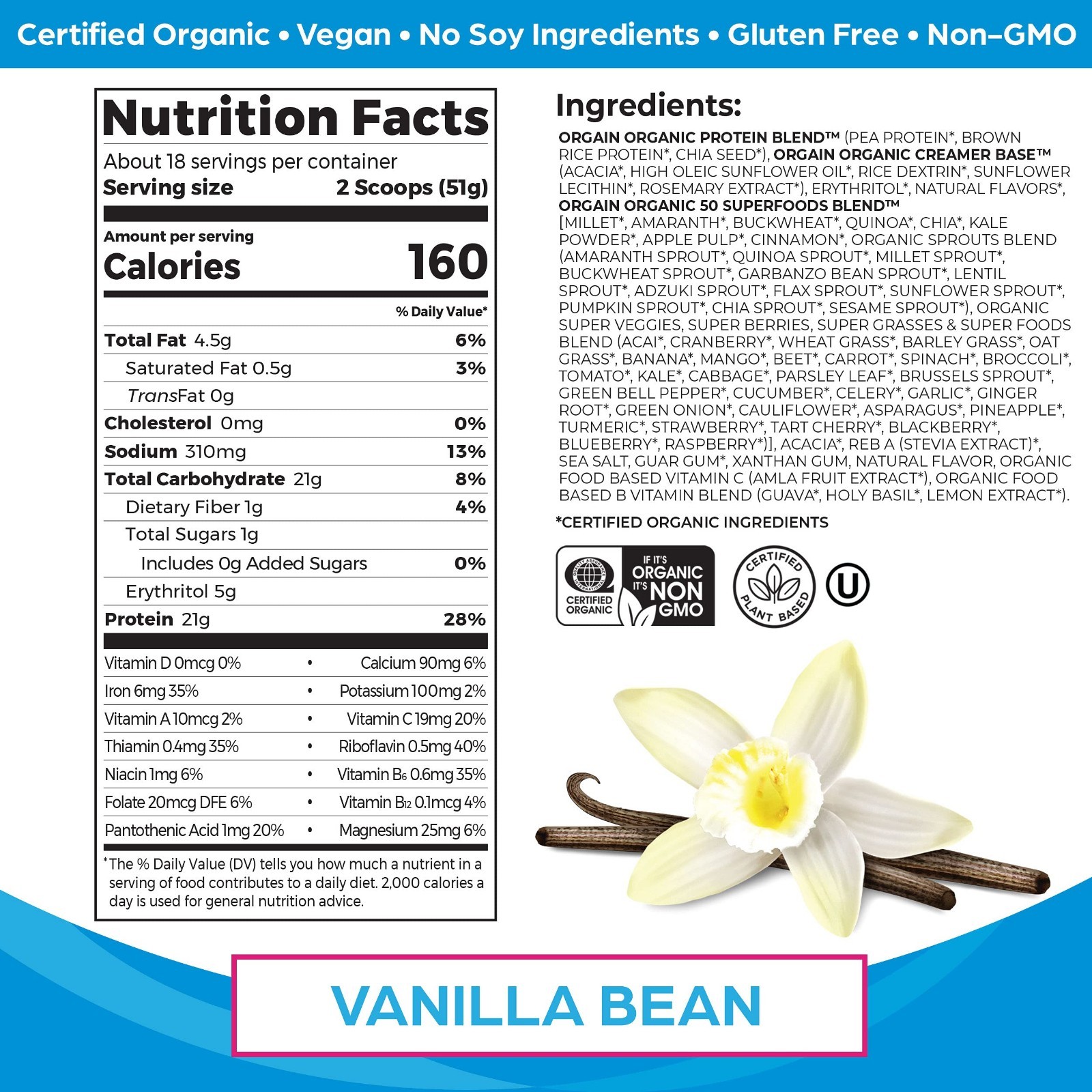 Orgain Organic Protein Powder Vanilla Bean 32oz (2lb)