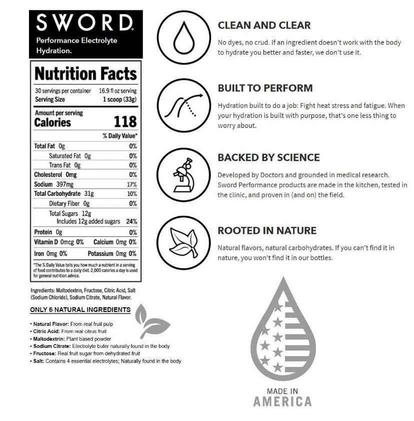 SWORD PERFORMANCE Electrolyte Powder Carb Energy Hydration 35oz PINEAPPLE MANGO