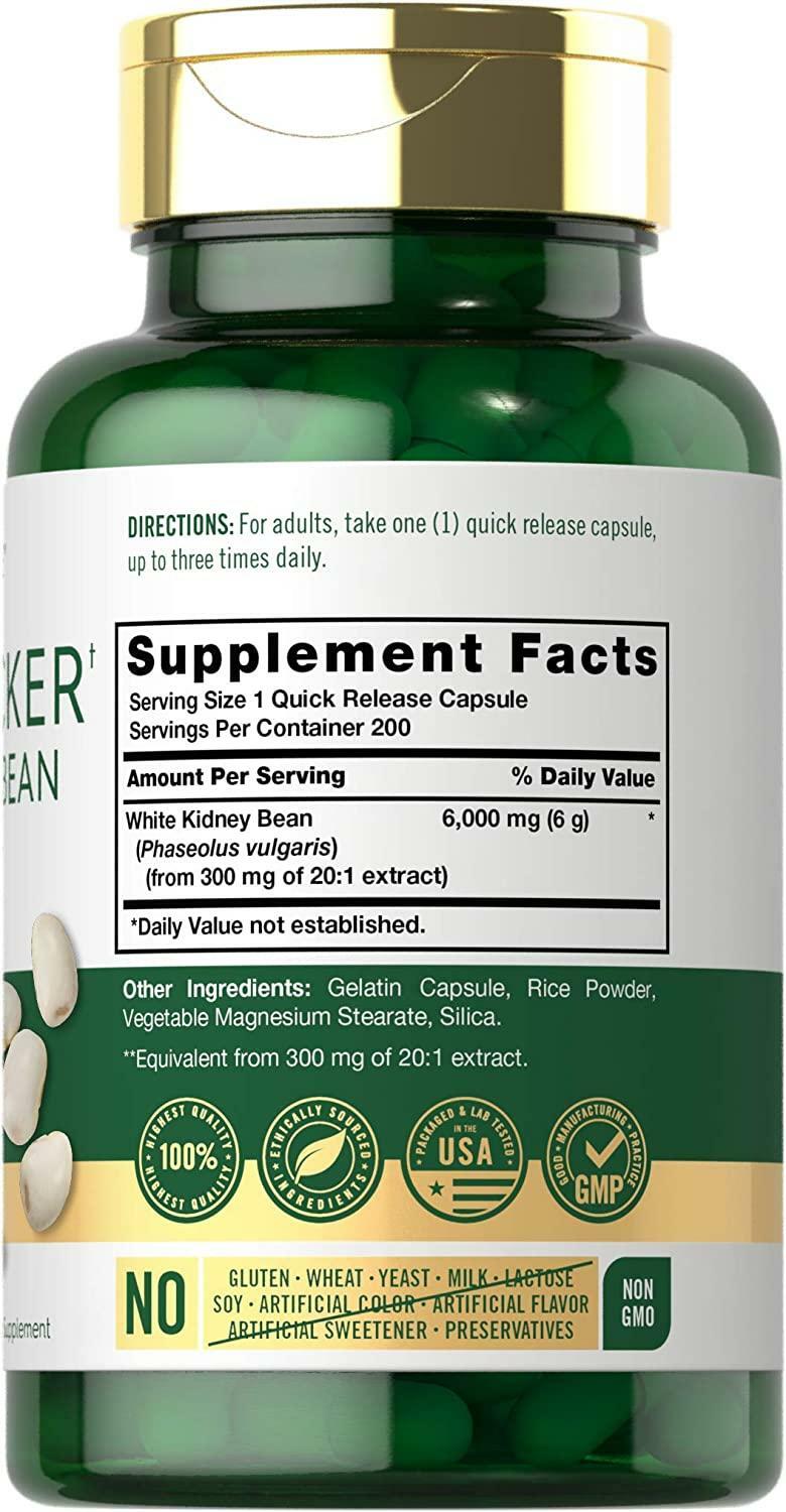 White Kidney Bean Carb Blocker 6000 Mg Potent Extract Starch Reduce, 200 Caps