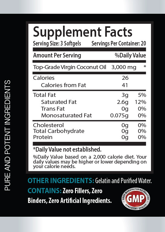 Pure Coconut Oil 3000mg Extra Virgin Fatty Acids Non-GMO 1 Bottle, 60 Capsules